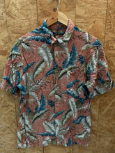 Vintage 90s rayon coral blue grey leaf pattern Hawaiian shirt size M by Campia